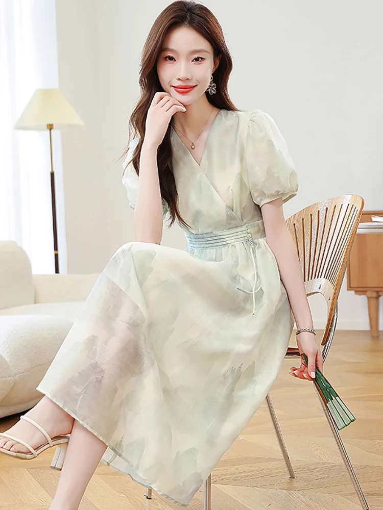 Women Print Short Sleeve V-Neck Casual Long Dress Summer Korean Bodycon One Piece Dress 2025 Elegant Luxury International Dress