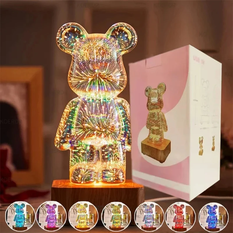 LED Night Light 3D Fireworks Bear Projection Colorful USB Atmosphere Dimming Living Decorative Decor Room Glass Fireworks