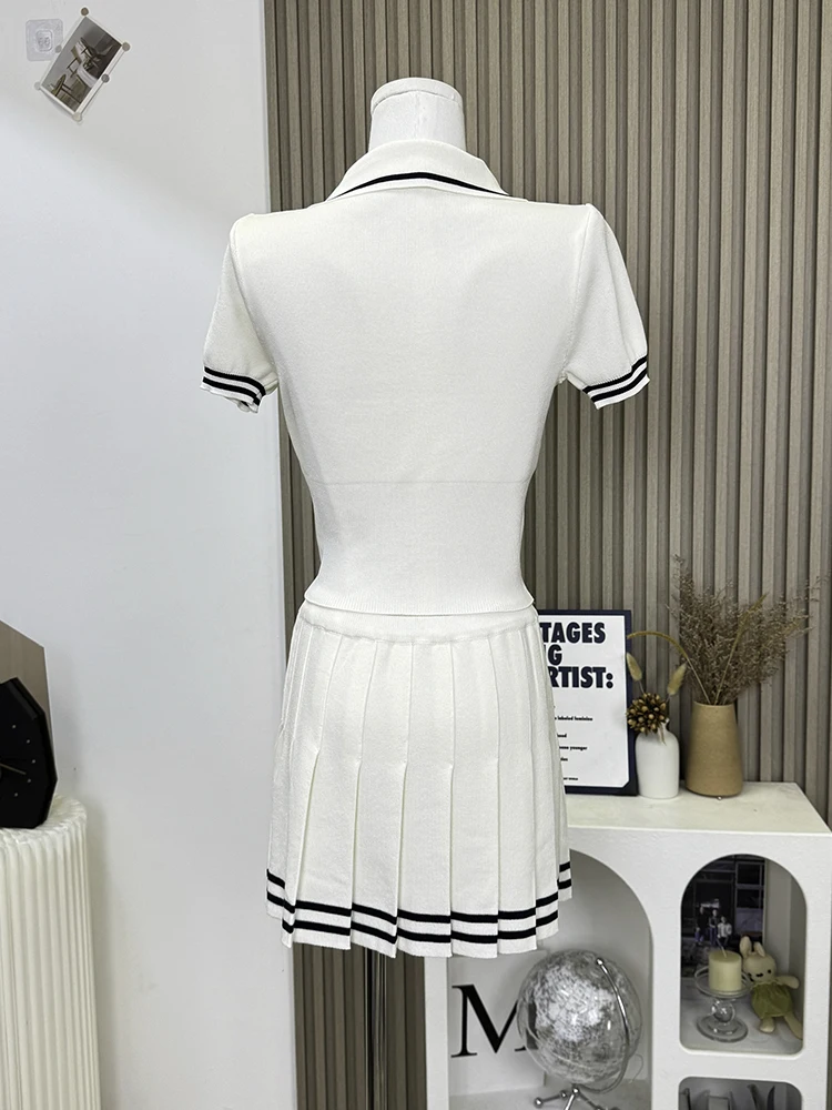 Summer Women Old Money Vacation Vintage Elegant Preppy Knit Suit Outfits 2 Piece Set Short Sleeve Crop Tops + Mini Pleated Skirt