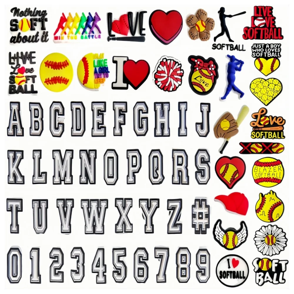 

64pcs Letters Numbers and Sports Decoration Charms, Softball Charms for Sandals Pins Bracelet Wristband Party Favors Gifts