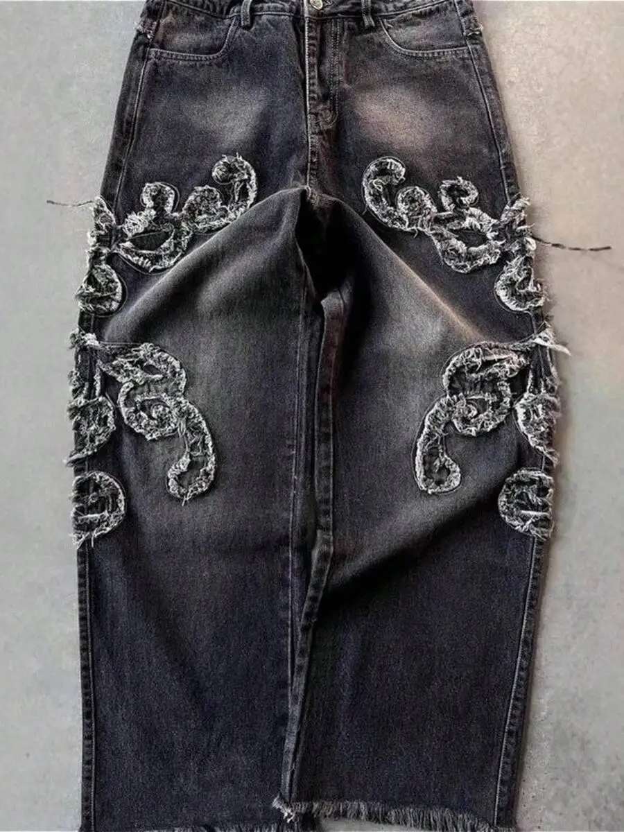 Mens Baggy Distressed Jeans with Floral Patches