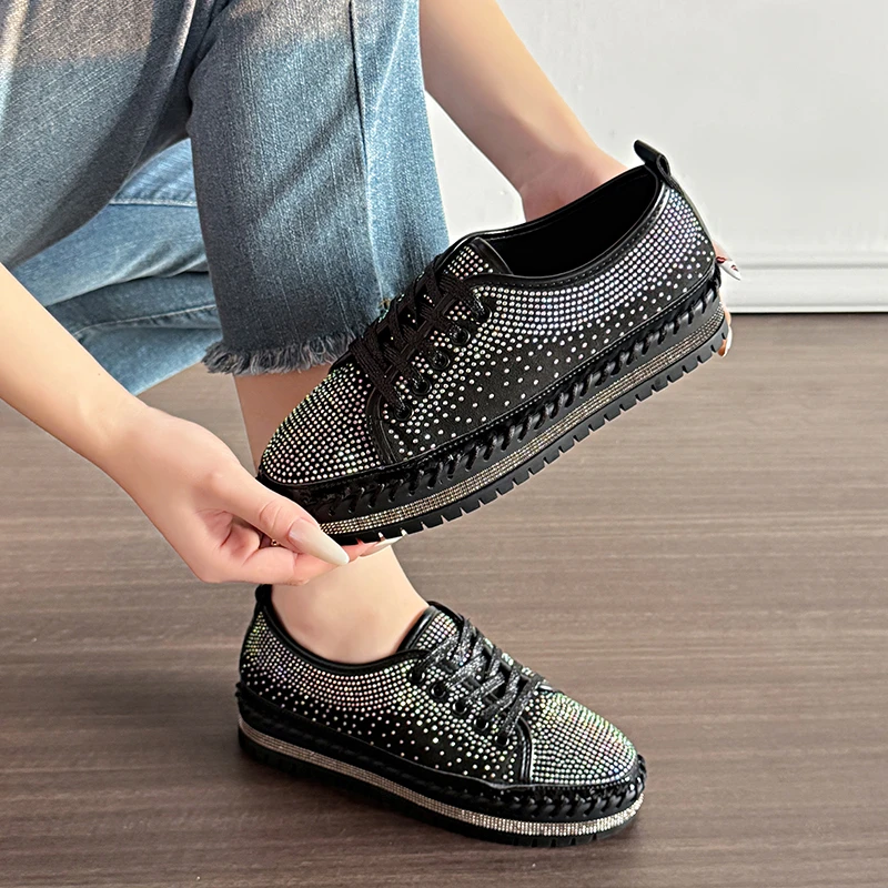 

High-top Round-toe Lace-up Sequined Stylish Multi-purpose Comfortable Anti-slip Breathable Sports Casual Women's Single Shoe