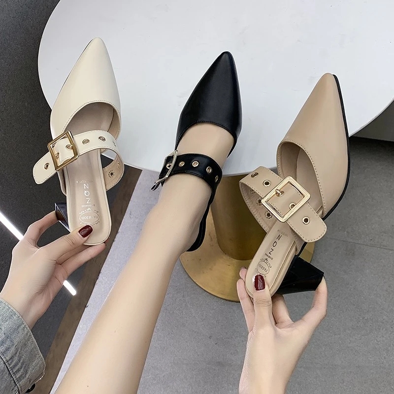 Mule Womens Closed Leather 2024 Baotou Half Slippers Woman Fashion Pointed Toe Slip On Belt Buckle High Heel Retro Shoes