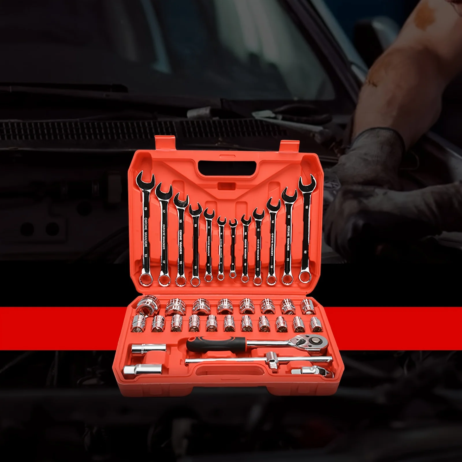 37 Piece Metal Auto Repair Tool Set, Universal Ratchet Wrench Kit, Multiple Sizes, Durable Toolbox Included