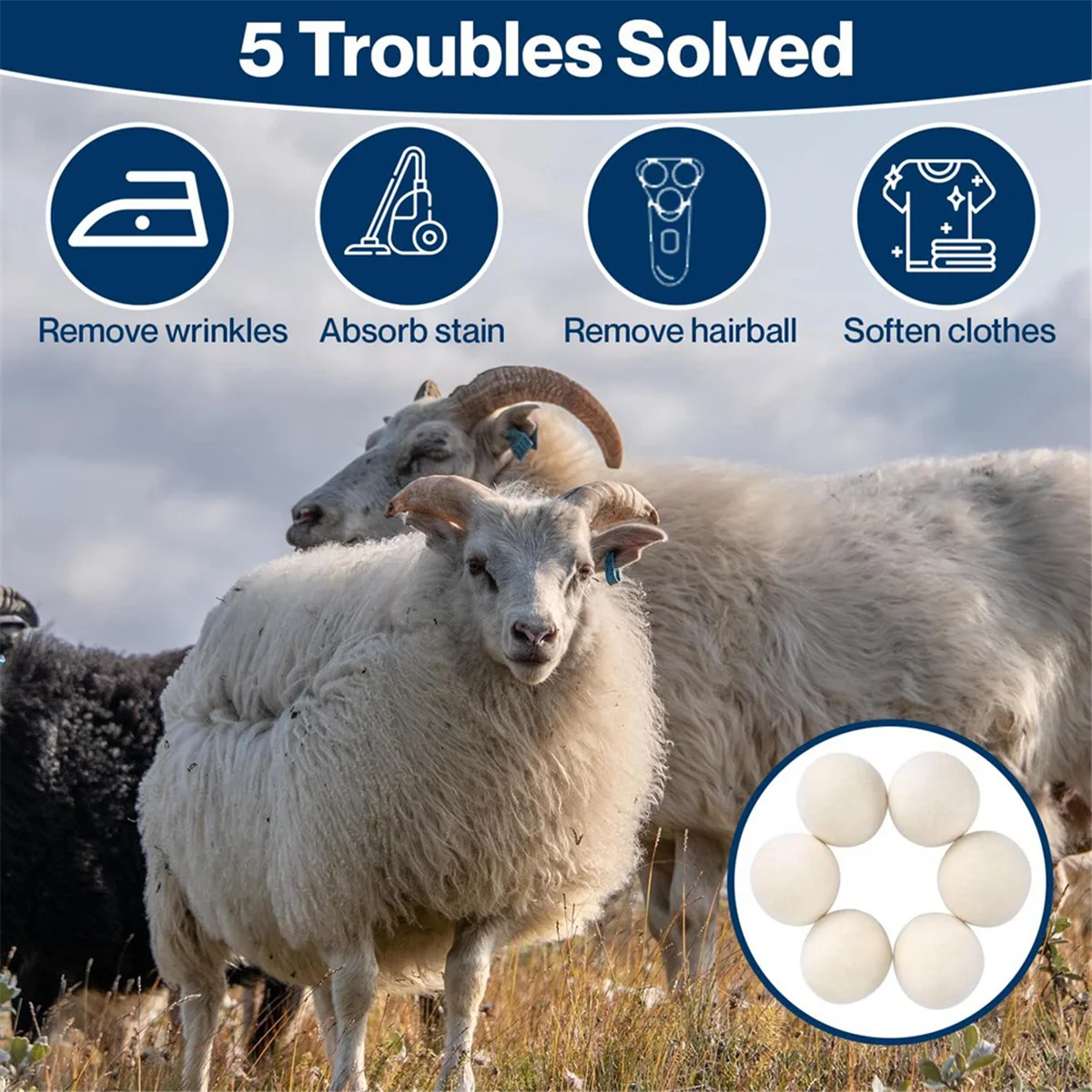 ลูกบอลเครื่องเป่าขนสัตว์ 6 ชิ้น - ธรรมชาติระดับพรีเมียม - ผลิตจากขนสัตว์ที่แทนที่แผ่นเป่า - น้ํายาล้างขุย