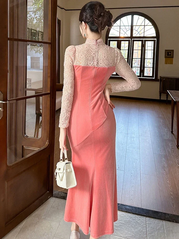 Celebrity Chinese Style New Year Prom Dresses Luxury Qipao Lace Velvet Splice Diamonds Hollow Out Fishtail Robe Party Vestidos