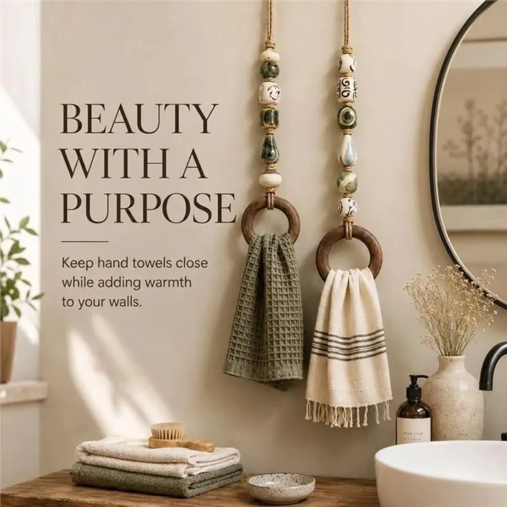 Wooden Ring Beaded Towel Hanger Loop Hanging Strap Colorful Beads Hanging Towel Strap Bathroom Accessories Decorative Style