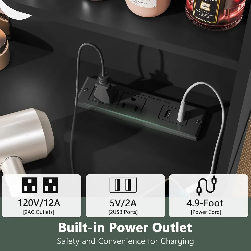 Meja Rias Besar dengan Cermin Berlampu LED & Stopkontak, Meja Rias dengan 7 Laci, 4 Rak, dan 5 Pengait, Meja Rias