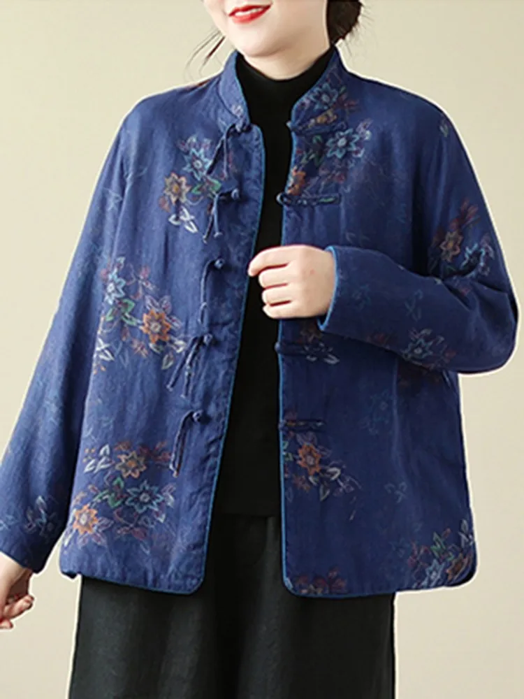 Frauen Casual Gepolsterte Jacken Neue Ankunft 2023 Herbst Chinesischen Stil Vintage Floral Print Lose Weibliche Dicke Warme Mäntel B3194