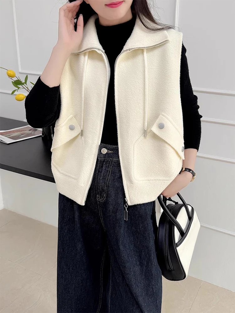 

Chic Autumn New Sle Women's Loose Casual Knitted Vest Sweater Coat Double ket Turn-down Collar Versatile Faionable