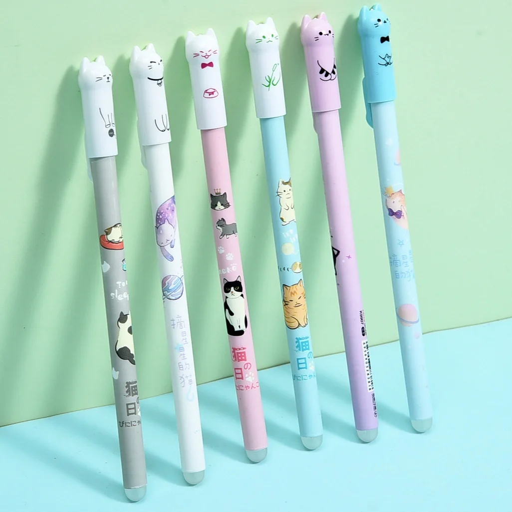 

6Pcs Cat-Themed Erasable Gel Pens Quick-Drying 0.5mm Washable Handle Magical Blue Ink Erasable Refillable Writing Pen Stationery