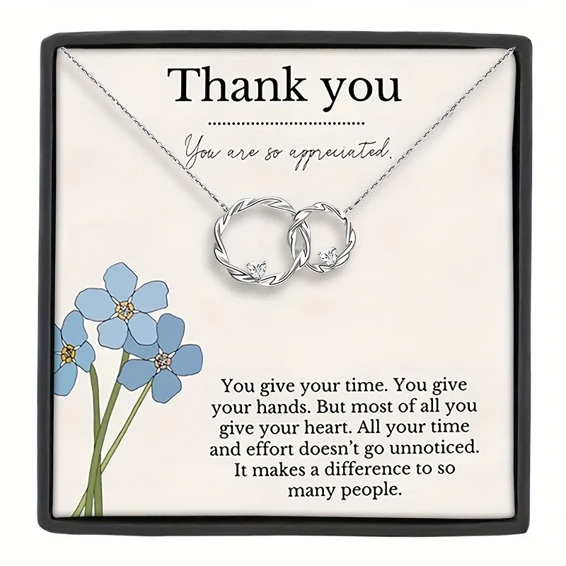 Bright double-circle love necklace, copper inlaid zircon gift box+card thank you from the bottom of your heart for Thanksgiving.