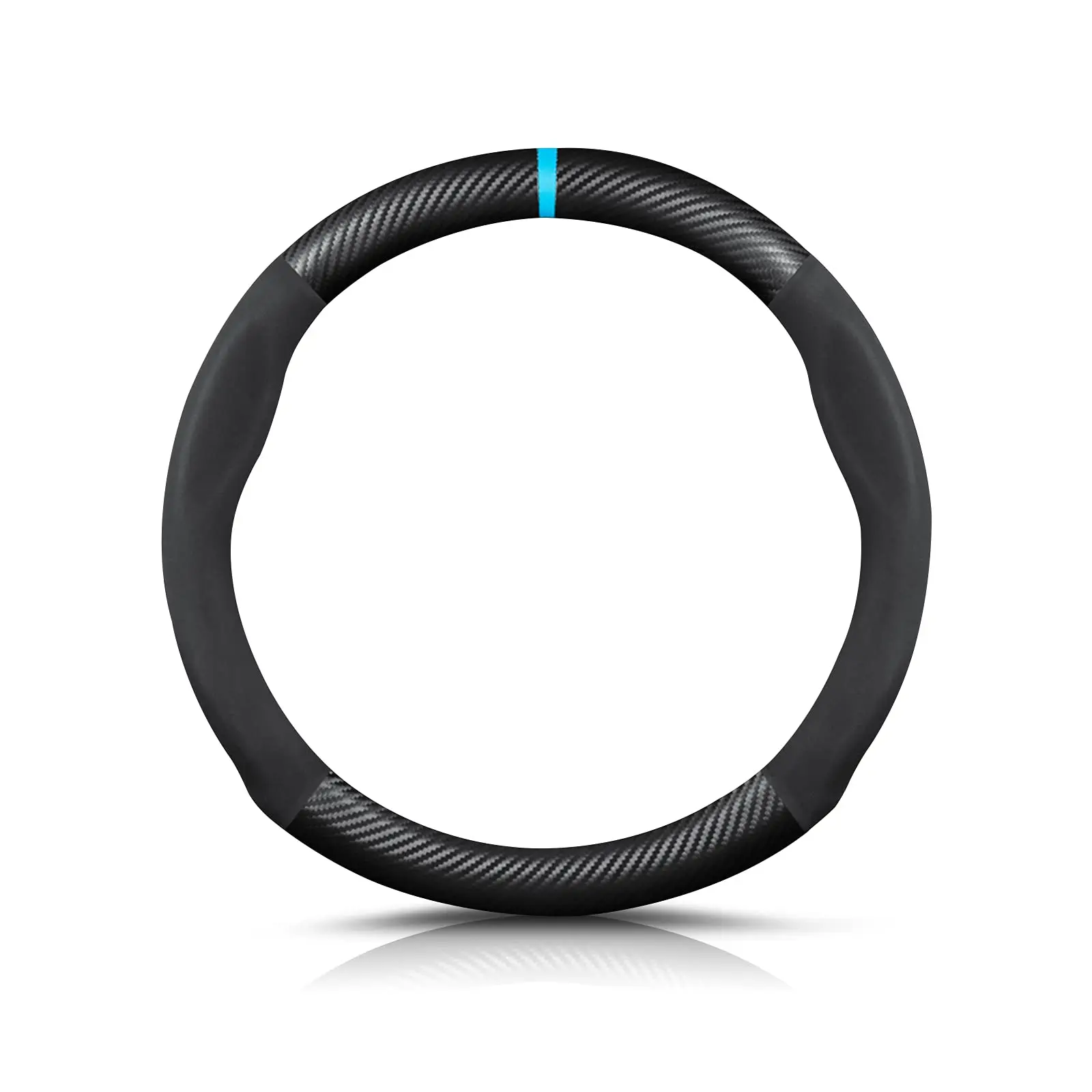 

Carbon Fiber And Microfiber PU Leather Steering Wheel Cover For 38cm Diameter – Black With Blue Stripe, Anti-Slip Breathable