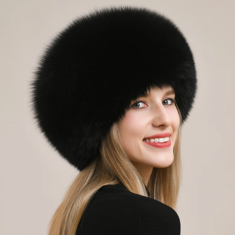 

Natural Fox Fur Hat for Women Winter Warm Ear Protection Thickened Full Fur Caps Female Outdoor Luxury Fashion Black Beanies Hat