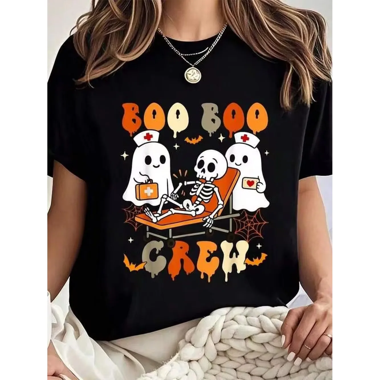 100% Cotton Halloween Nurse Crew Ghost Doctor Nursing T-Shirt Printed T-Shirt, Short-Sleeved Crew Neck Casual Top, Suitable For All Seasons, Women's