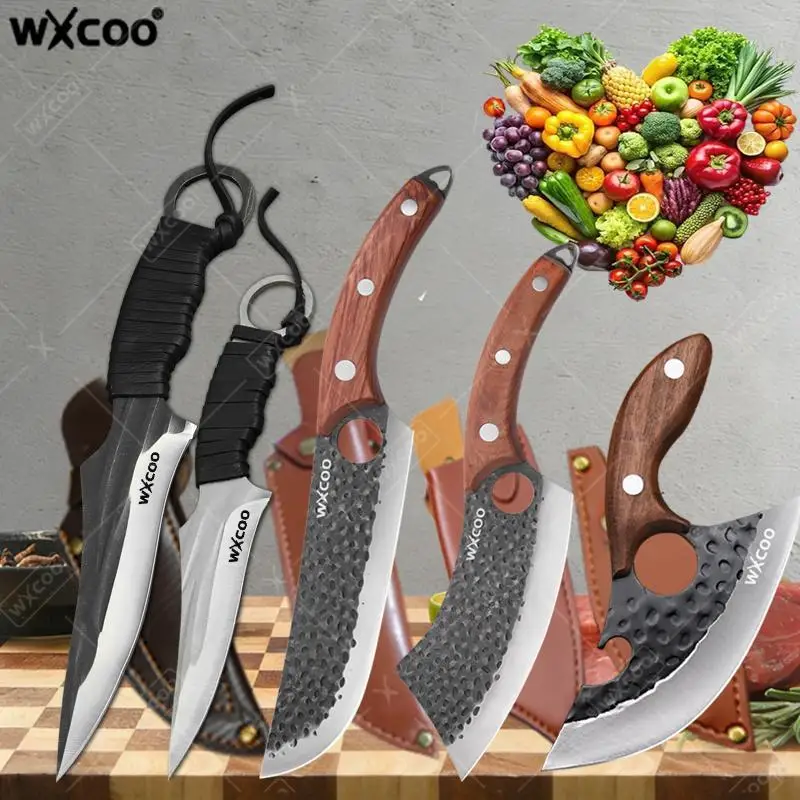 WXCOO Kitchen Knife Set with Cover 1-5pcs Stainless Steel Hand Forged Butcher Meat Cleaver Boning Knife Kitchen Accessories