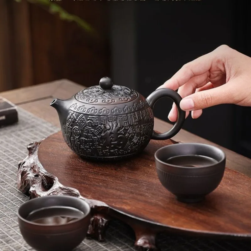1PC purple clay teapot original ore aged Tianqing mud handcrafted carving Baifu stone ladybug teapot high-end steeping teapot