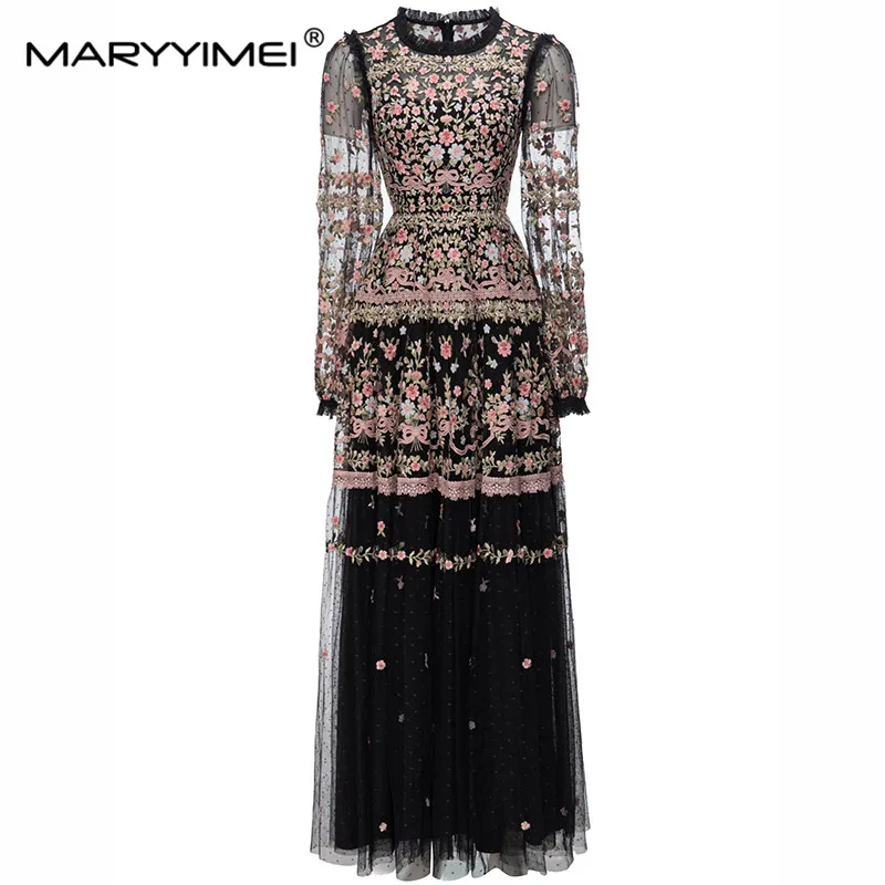 MARYYIMEI Lantern Sleeve Flower Embroidered Lace Edge Mesh dress 2023 Spring Autumn New Holiday Slim Black Long Dresses