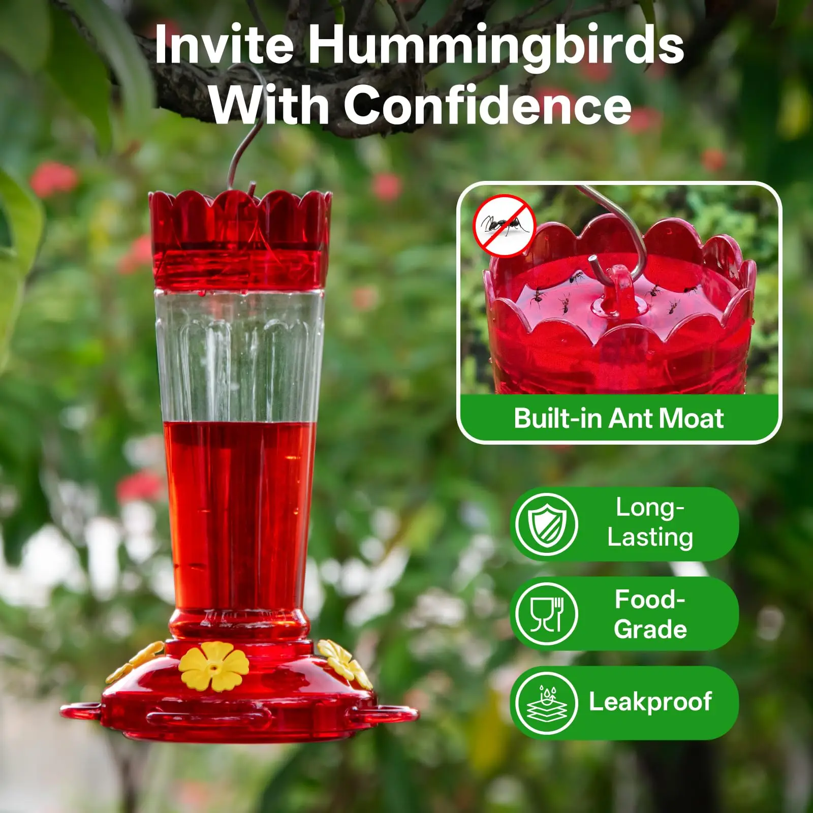 Comederos para Colibríes para Exteriores, Paquete de 1/2 Comedero de Plástico de 14 oz, a Prueba de Fugas, con Foso para Hormigas Integrado, Rojo