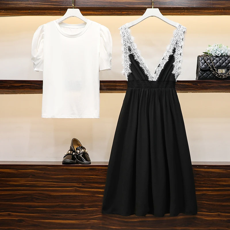 Women Summer Dress Suit Cotton White T Shirt Top And Lace Sundress Two Piece Set Matching Outfit Fashion Clothes Female Plus