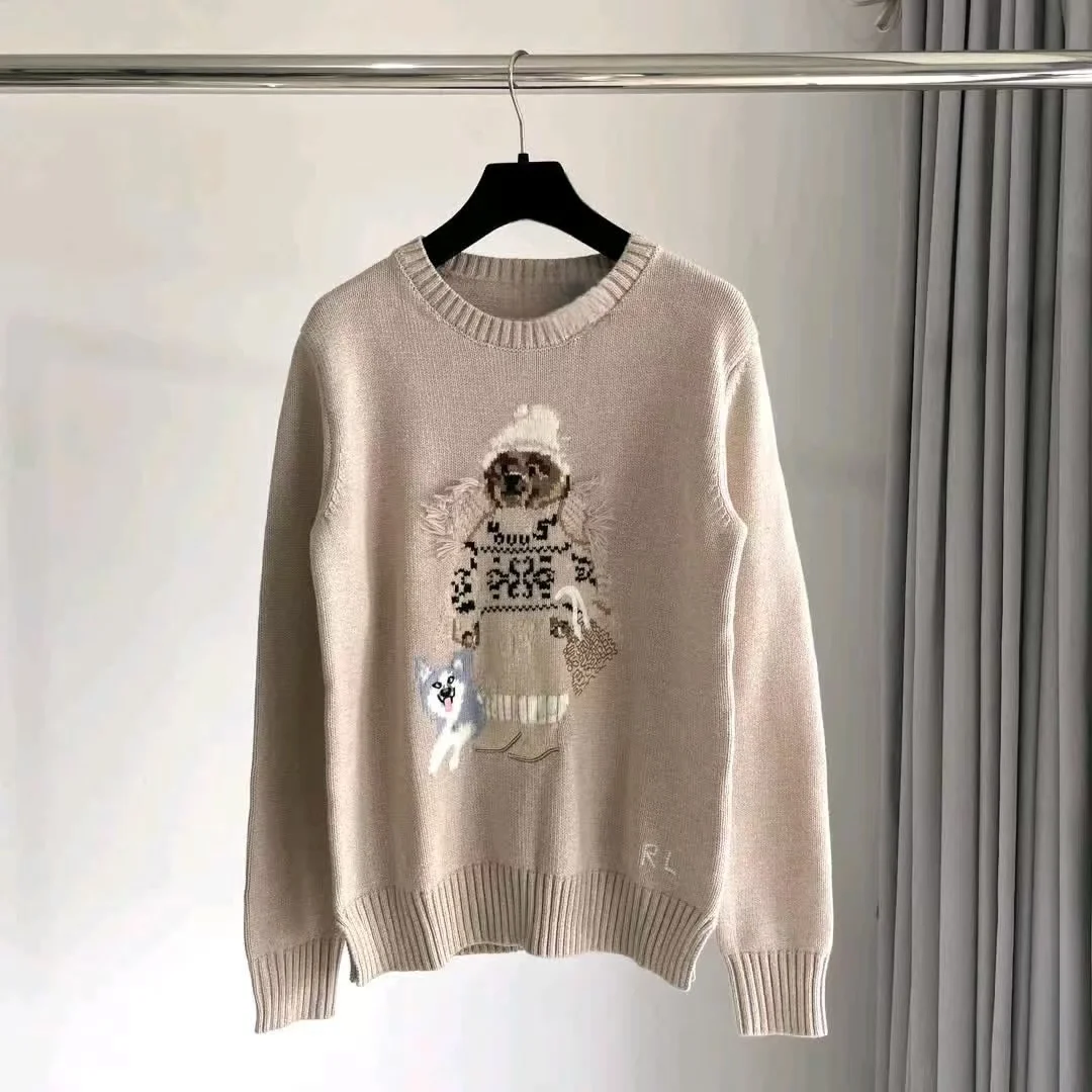 

R&L new round neck cartoon teddy bear pattern temperament commuting pullover sweater
