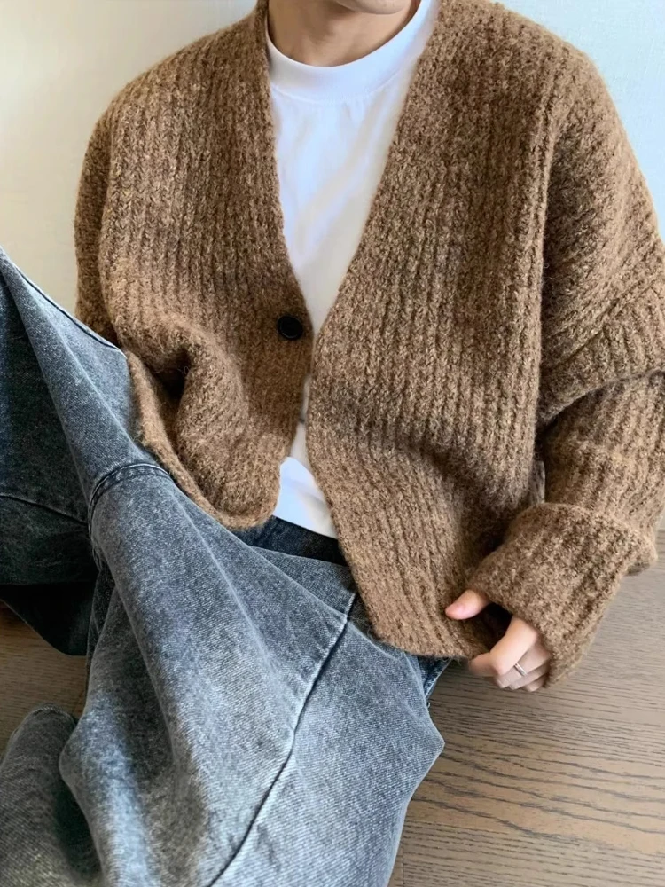 

Шерстяной кардиган в американском стиле ретро, мужской осенне-зимний модный тяжелый свитер с открытой передней частью, элитная ленивая трикотажная одежда