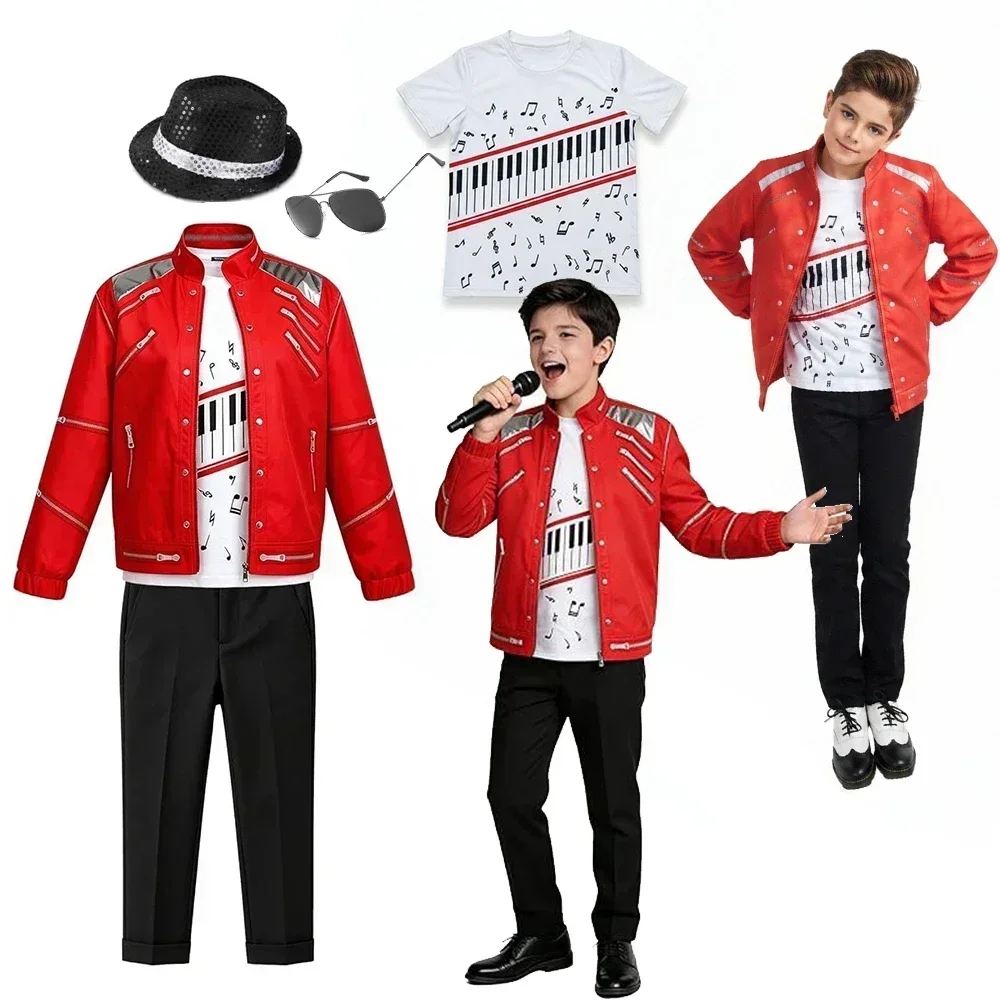 Kinder Jungen Mädchen 70er 80er Jazz-Tanzkostüm Retro Sänger Bühnenoutfit Roter Reißverschlussmantel Rote Hose Komplettes Zubehörset – Detail 6