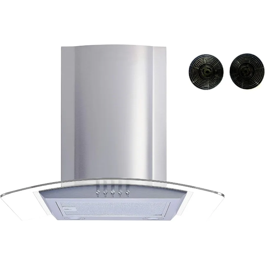 

30 Convertible Stainless Steel Tempered Glass Wall Mount Range Hood with Mesh Filter or Baffle Filters LED Lights Push Button C