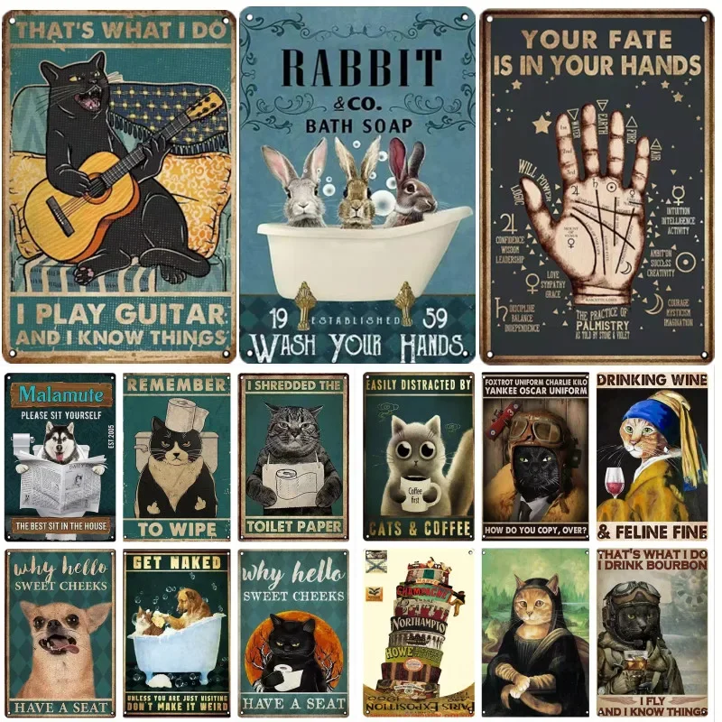 الغيتار الأسود القط خمر علامة معدنية غرفة المعيشة غرفة نوم الحمام شنق جدار ديكور الفن اللوحة موردن القصدير الحديد المشارك اللوحة #1