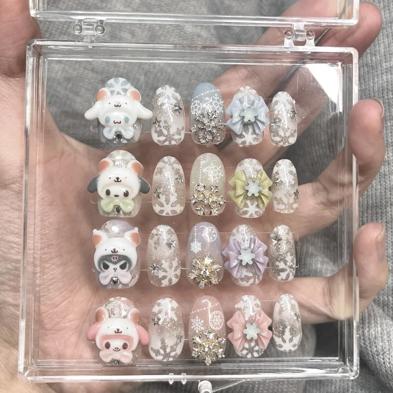 New kawaii Diy 3D Sanrios snowflake Pochacco Cinnamoroll kuromi Melody Handmade Press On Nails Tips Nails Design Manicure Girls