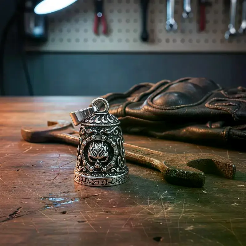 Skull Embossed Rider Bell Antique Metal Motorcycle Hanging Charm Protective Motorbike Decor Biker Gift