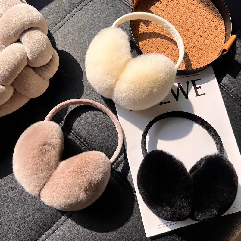 Real Rex Rabbit Fur Ear Muffs For Women Winter Warm Plush Ear Covers Gift Windproof Ear Warmers Stretchable Cycling Earmuffs