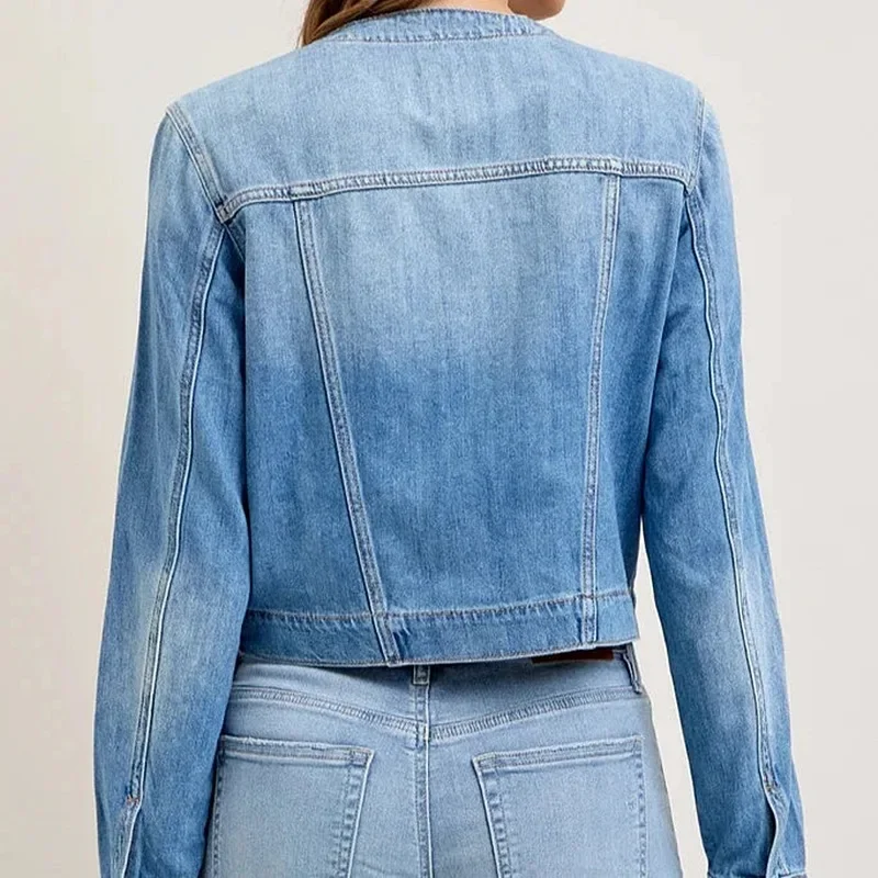 2025 Autumn New Women's Slim Fit Short Style Collarless Long Sleeved Denim Jacket with Multiple Pockets Workwear Jacket