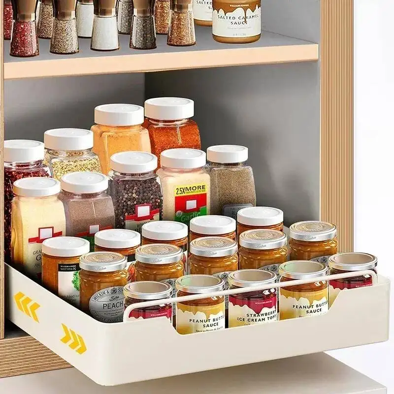 

Box With Sliding Rail Pull-Out Cabinet Storage Rack Spice Pantry Shelves Drawer Kitchen Organizer Basket