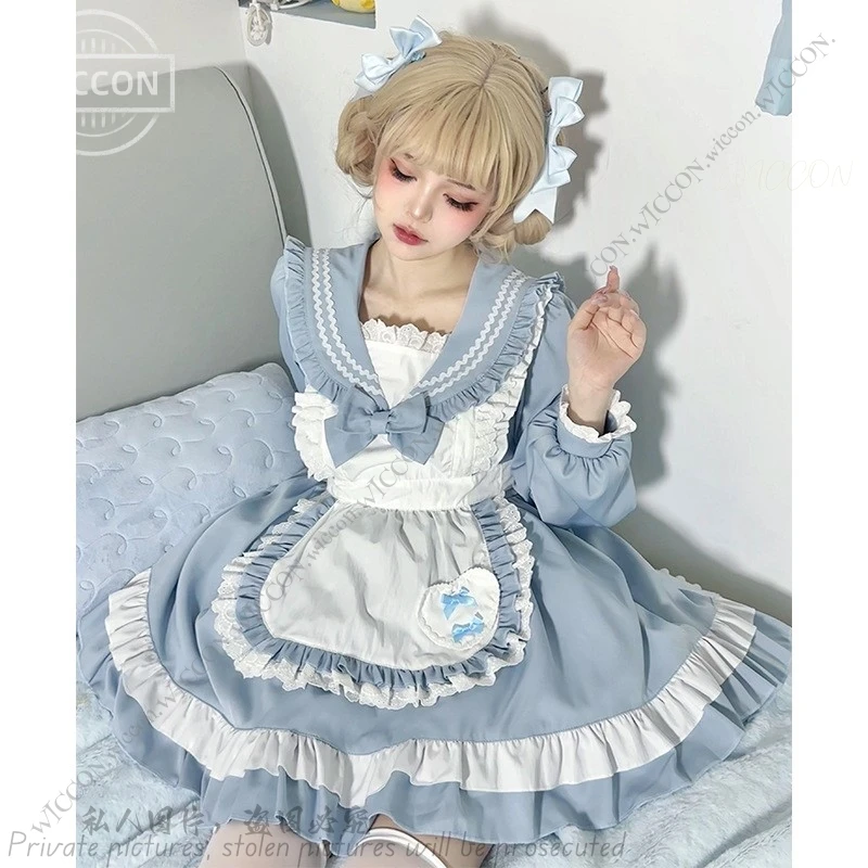 Japanese Cute Sailor Costume Maid Apron Suit Navy Collar Long Sleeve Lolita Dress Cute Woman S-L Kawaii Dating Outfit Lolita Set