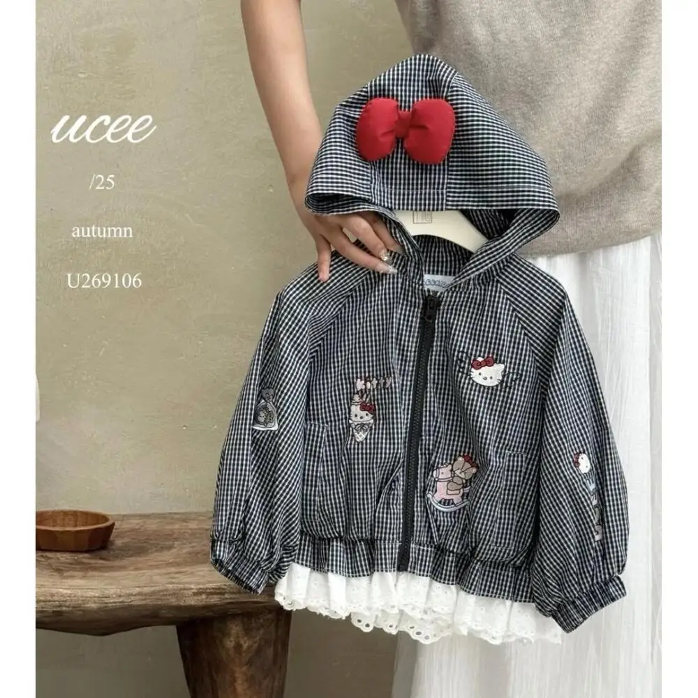 

Sanrio Hello Kitty Girls Jacket Coat Korean Plaid Jacket Spring Autumn New Cartoon Spliced Long-Sleeved Jacket Hooded Casual Top