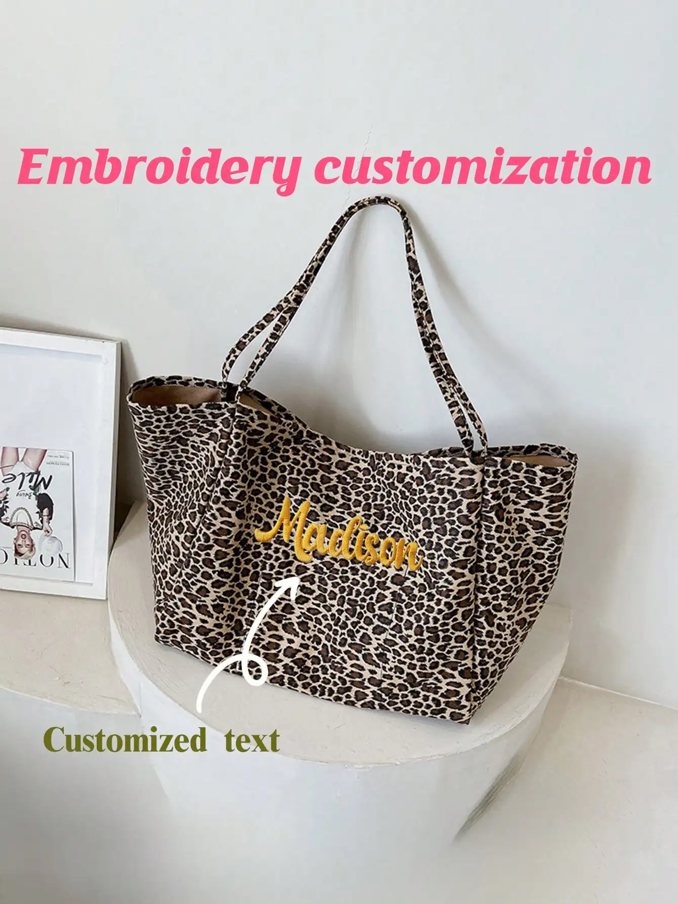 1PC Personalized Women's Shoulder Bag - Custom Name Embroidery, Leopard Canvas, Large Capacity, For Daily Use/Gift