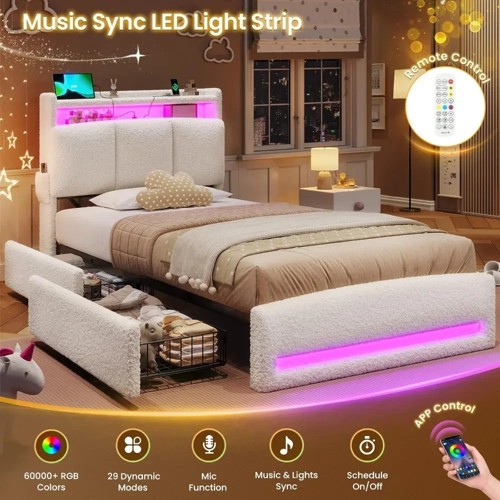 Rangka Tempat Tidur Twin dengan Headboard Penyimpanan dan Stasiun Pengisian Daya, Rangka Tempat Tidur Berlapis Boucle Ukuran Twin dengan 4 Laci dan Lampu LED