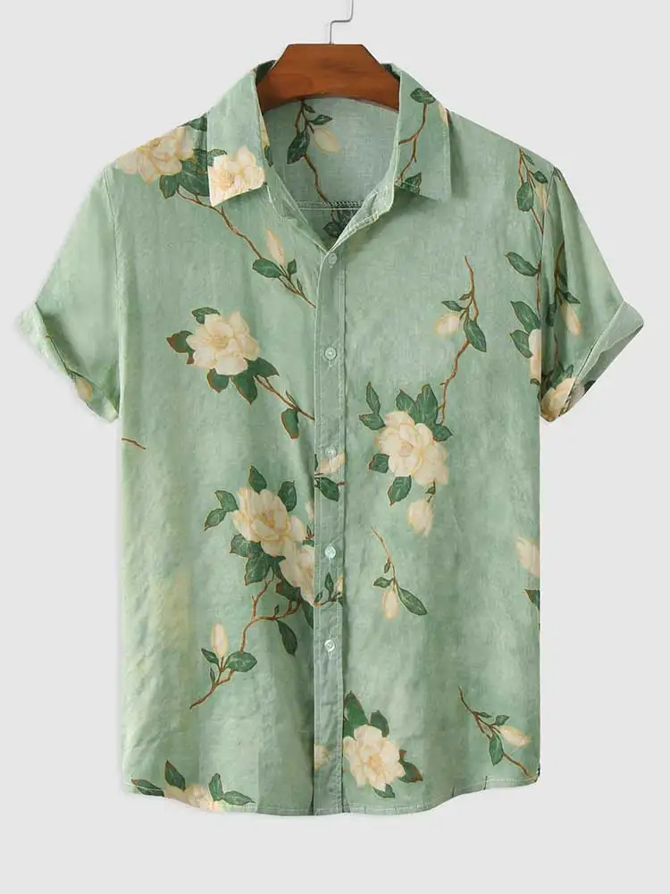 ZAFUL Shirts for Men Flowers Pattern Short Sleeves Blouses Summer Streetwear Shirt Casual Button Loose Tops Hawaiian Style