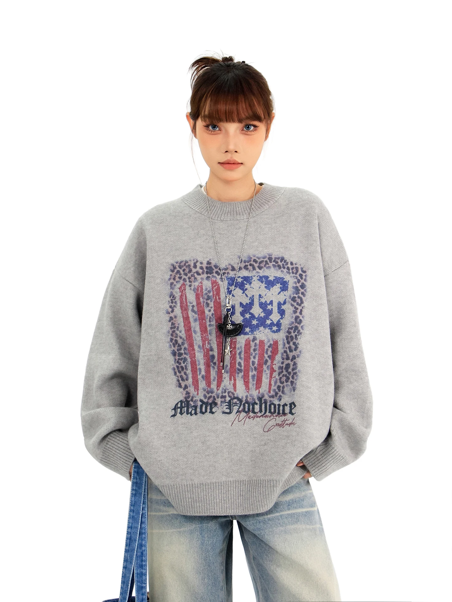 

Hygge Chen American Retro Leopard Flag Print round Ne Knitwear Loose Women's Faionable Sweater Street Sle Autumn Winter