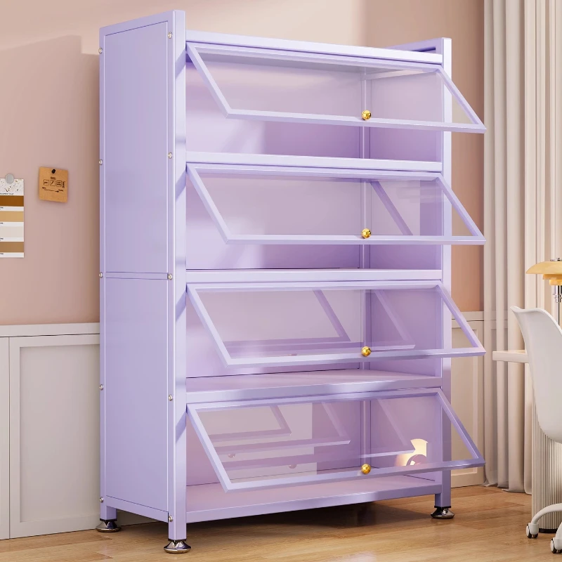 

Purple steel bookshelf with glass door Floor-to-ceiling bookcase Dust-proof figure display cabinet Pain cabinet Iron storage