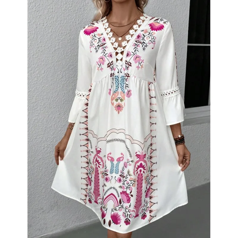 Nuovo sexy profondo scollo a V scava fuori abito longuette donna estate manica svasata allentata a-line abiti da spiaggia retro party boho dress abiti