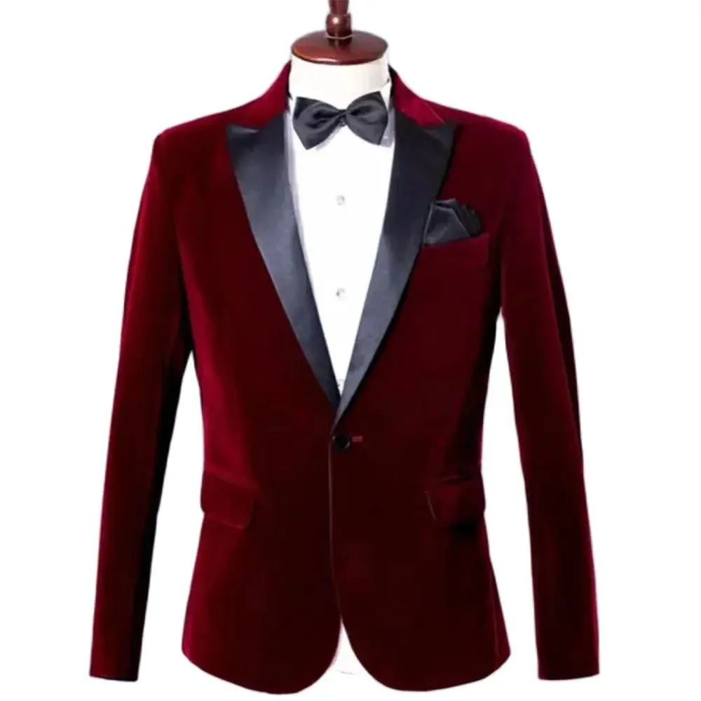 Luxury Men\'s Blazer Single Breasted Black Peak Lapel Regular Length One Piece Jacket Velvet Wedding Suits High Quality Slim Fit