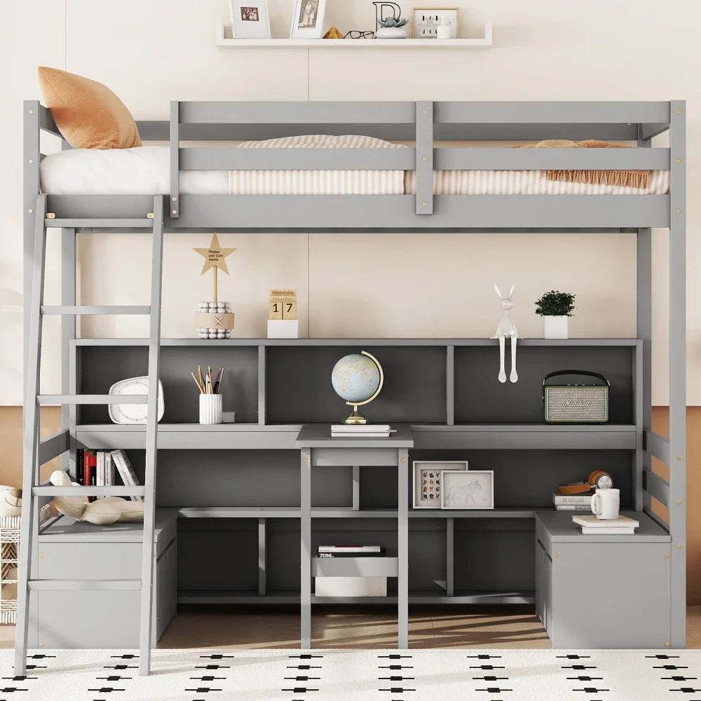 

Twin Loft Bed with Storage Shelves, Drawers, Seat and Desk for White Color， Bedroom Furniture