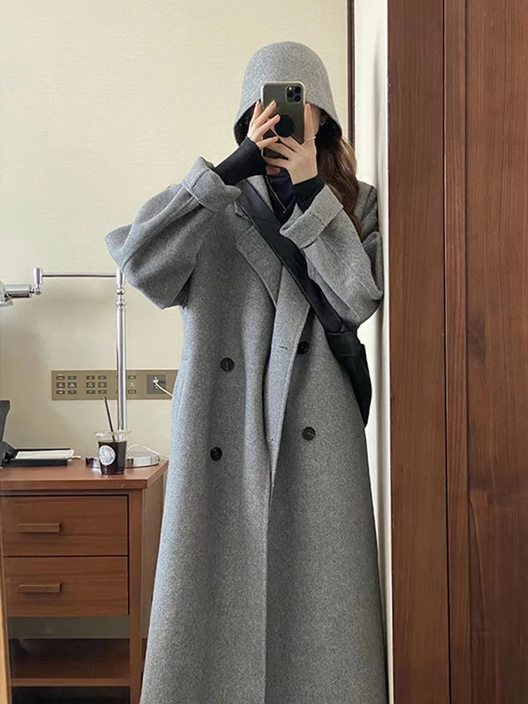 [oein] Grey Double-sided Cashmere Coat For Women, 2023 Autumn And Winter New Item, Korean Thick Woolen Fabric, High-end