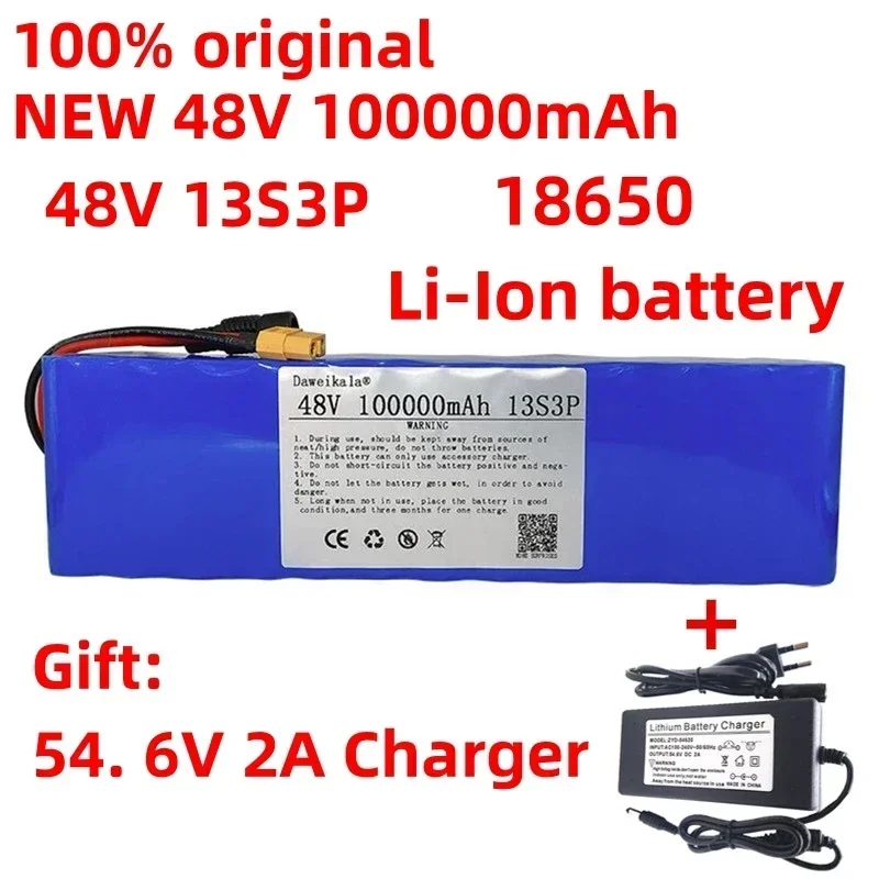 

48V lithium battery pack 13S3P XT60 plug electric bicycle battery, 500W, 48V, 18650 100Ah, with BMS 2A charger, free shipping