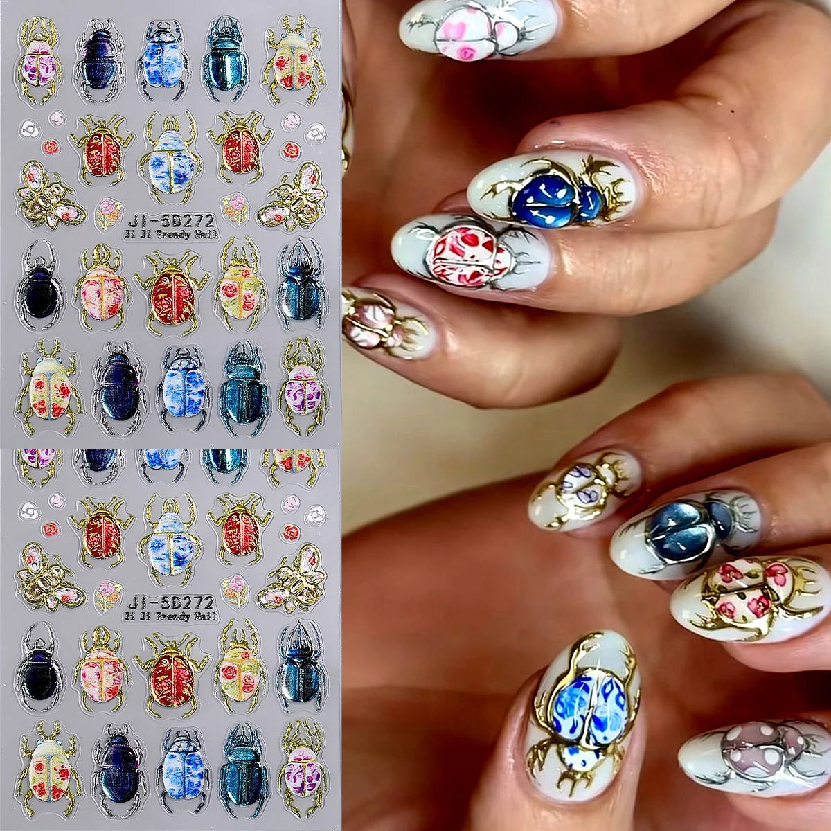 5D Embossed Beetle Nail Sticker, Vintage Floral Insect Nail Art Decal, Colorful Scarab Bug Butterfly Self-Adhesive Nail Decorate view 2