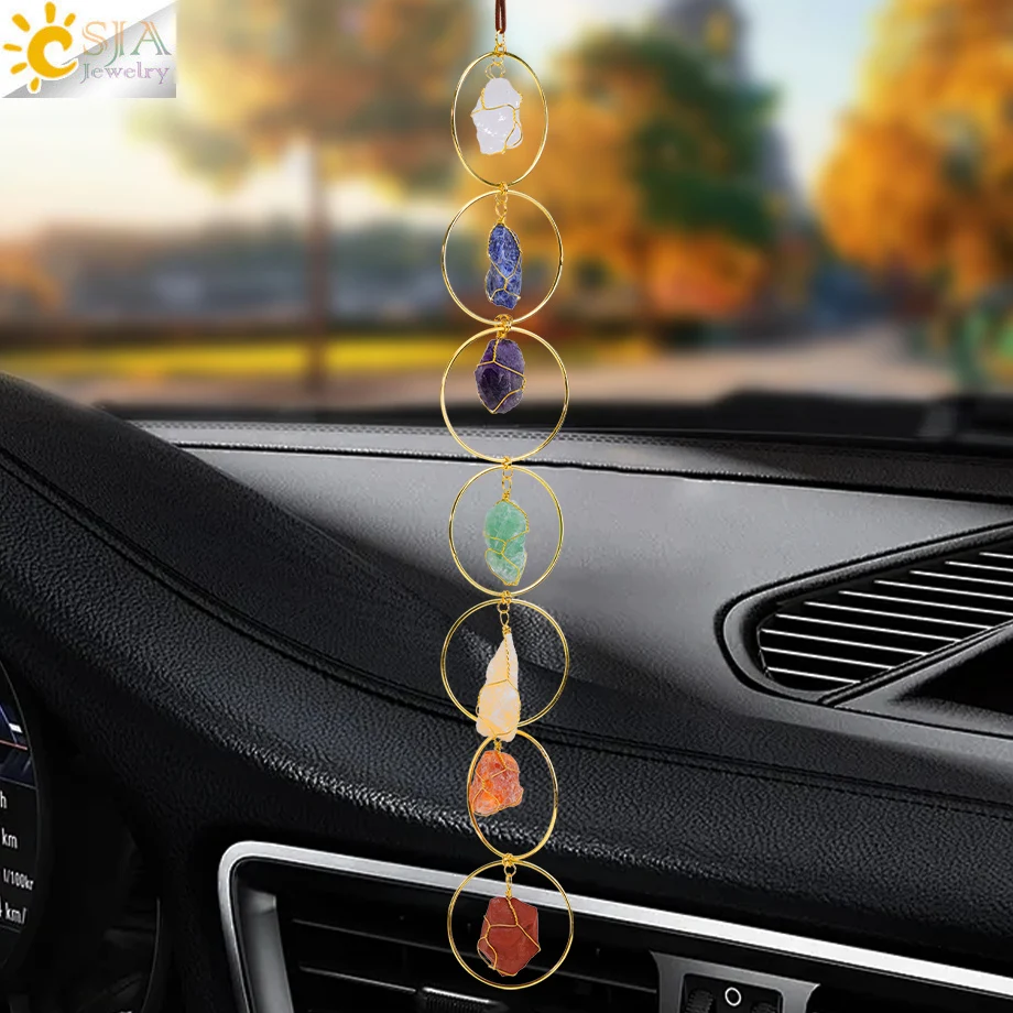 CSJA 7 Chakra Naturstein Auto Anhänger Amethyst Weißer Kristall Lapislazuli Roter Jaspis für Frauen Mann Schmuck Geschenk H692