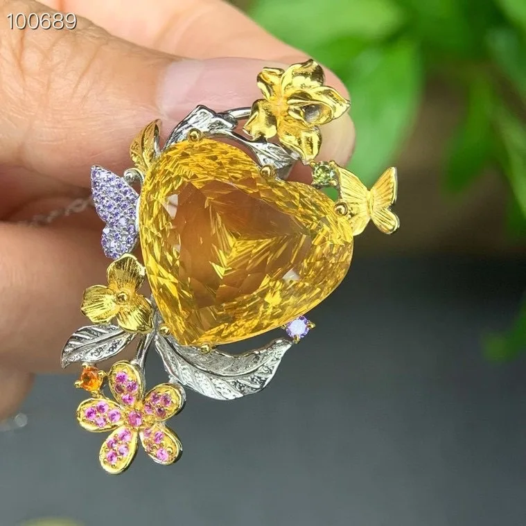 Natural Heart-Shaped Citrine Pendant, 925 Silver Two-Tone Finish 21x23mm Vintage Forest Style Handmade Jewelry Gift for Women