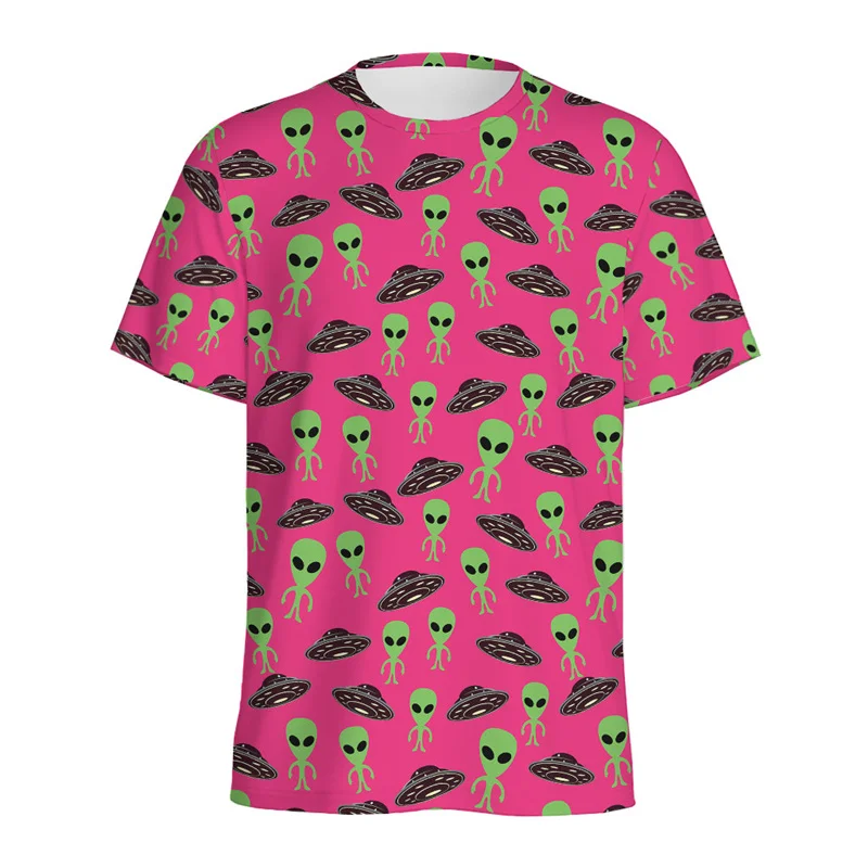 Cartoon UFO Alien Pattern T Shirt Men Kids Fashion 3D Printed T-shirt Tops Women Loose Short Sleeves Summer O\'Neck Tee Shirts